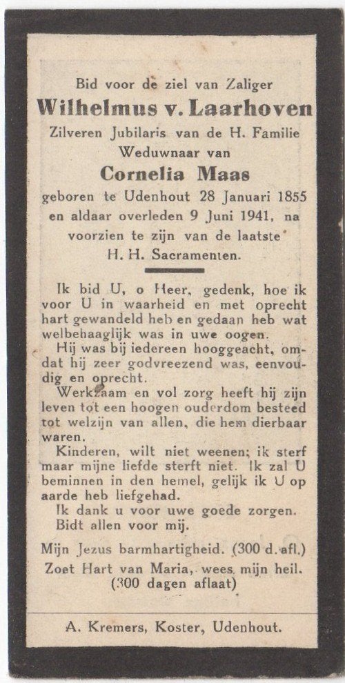 Wilhelmus van Laarhoven 1855 Udenhout + 1941 aldaar, 86 jaar, Verzenden
