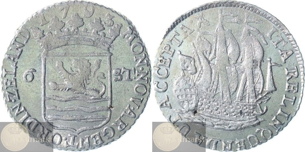 Zeeland - Scheepjesschelling 6 Stuivers 1793 - Kabelrand, Postzegels en Munten, Vóór koninkrijk, Zilver, Losse munt, Overige waardes