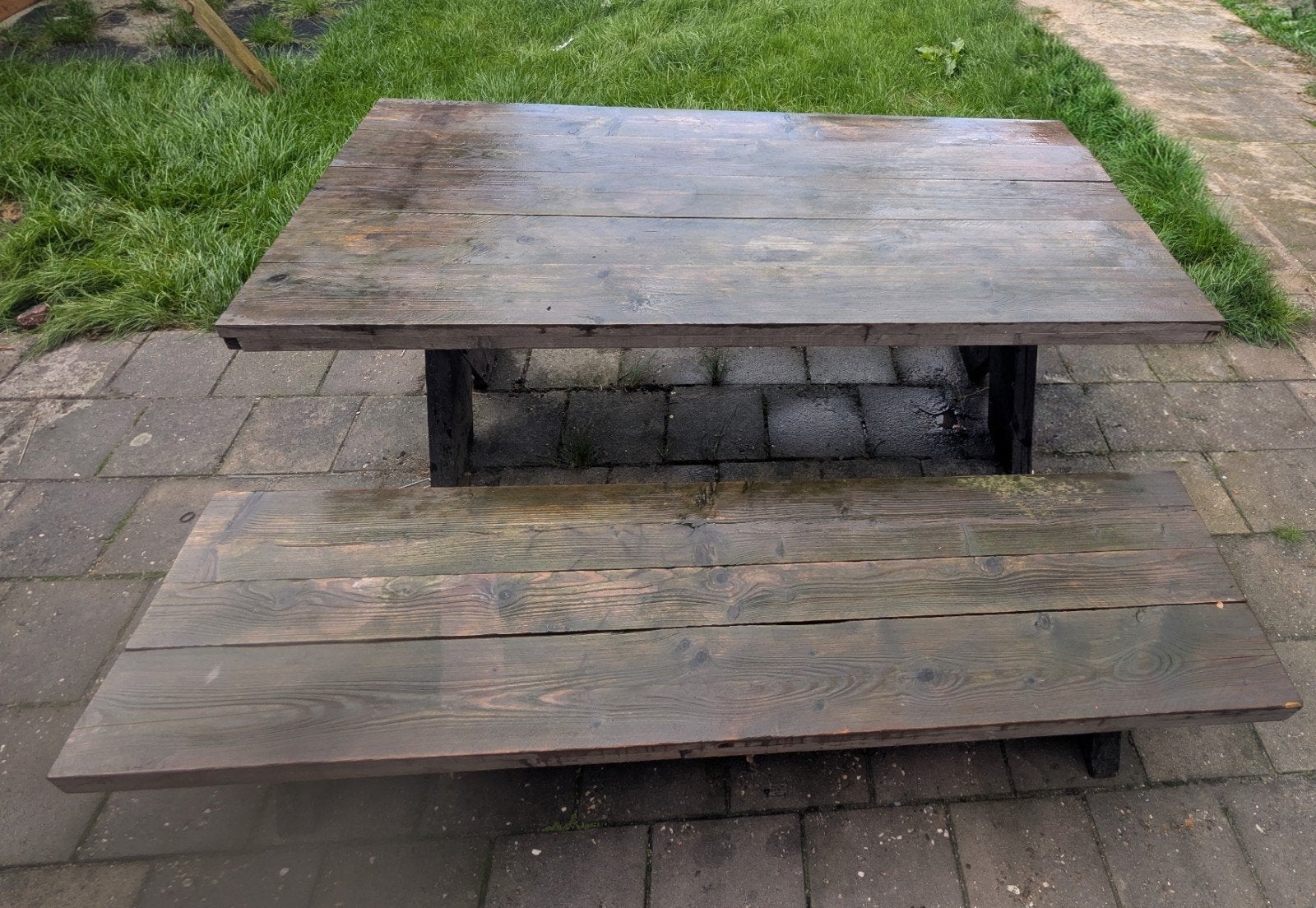 Robuuste houten tuintafel met bank, Ophalen, Gebruikt, Rechthoekig, Hout