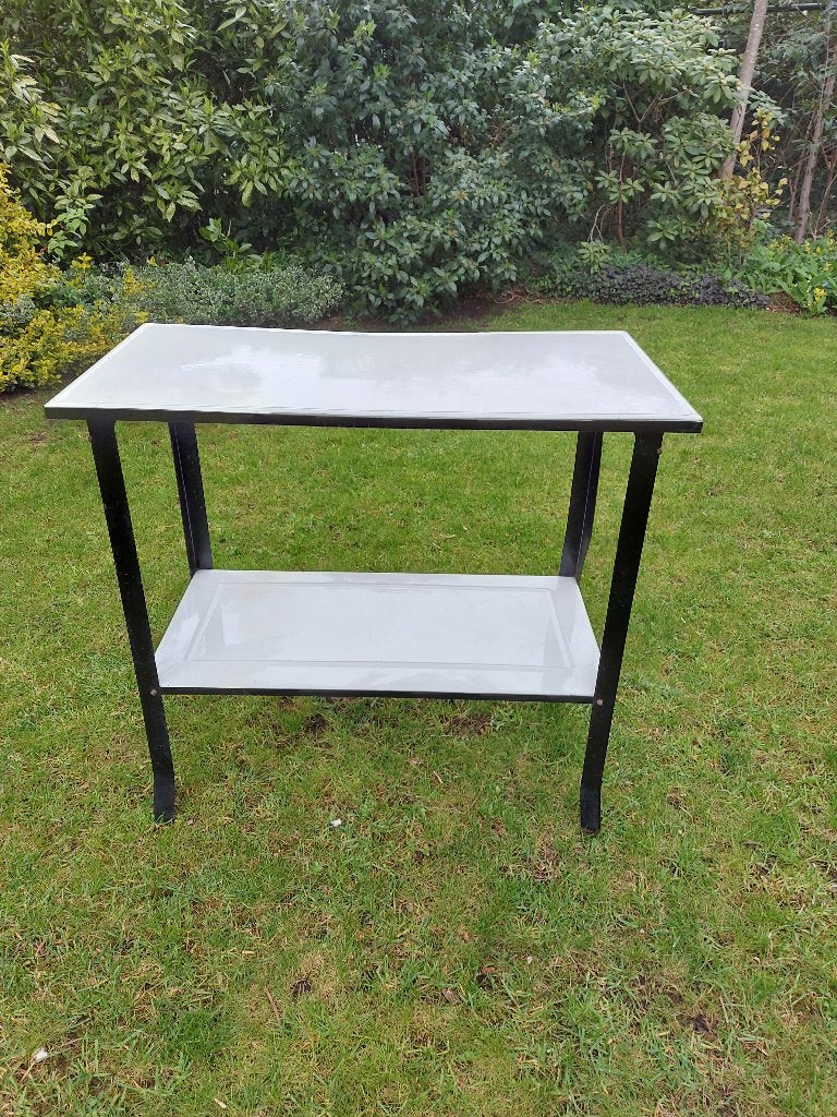 Vintage emaille bijzettafel / plantentafel, Ophalen, Gebruikt, Metaal of Aluminium, Vintage