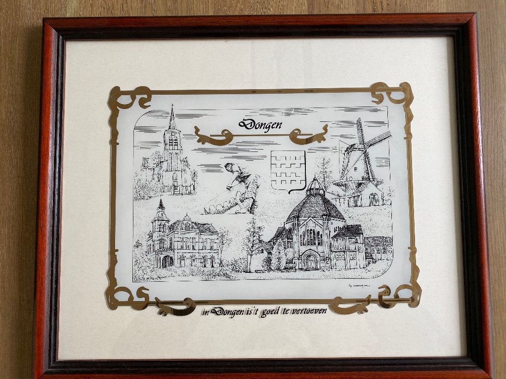Dongen, glasgravure met koepelkerk, Minder dan 50 cm, Ophalen of Verzenden, Zo goed als nieuw, Schilderij