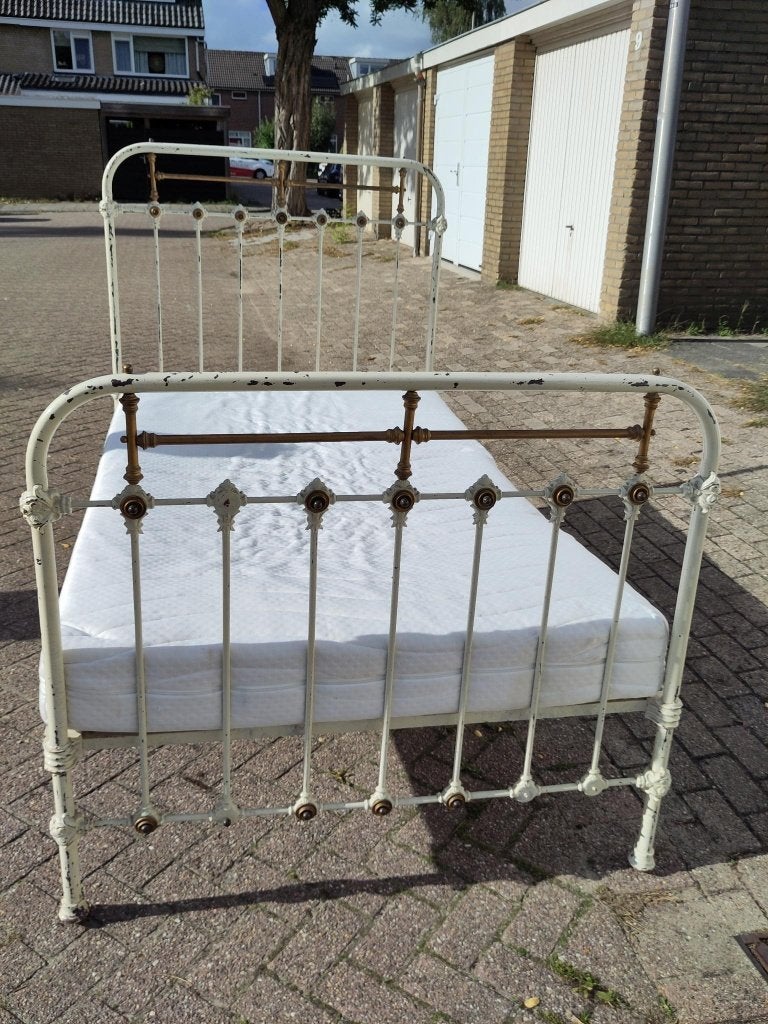 Antiek Frans bed (brocante, romantisch), Ophalen, Gebruikt, Twijfelaar, 120 cm