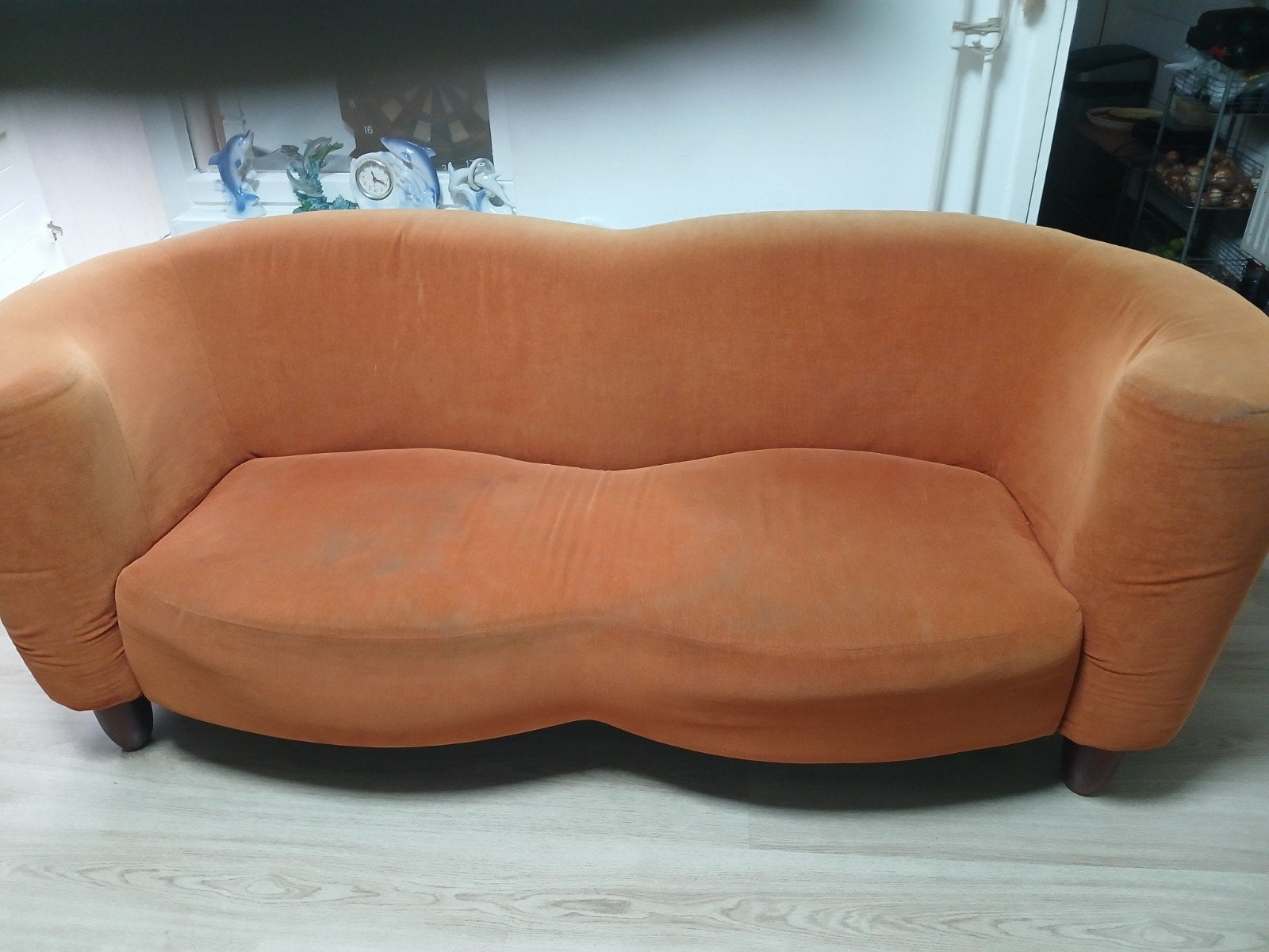 Oranje bankstel met fauteuil en poef, Ophalen, Gebruikt, Stof, Modern, Comfortabel