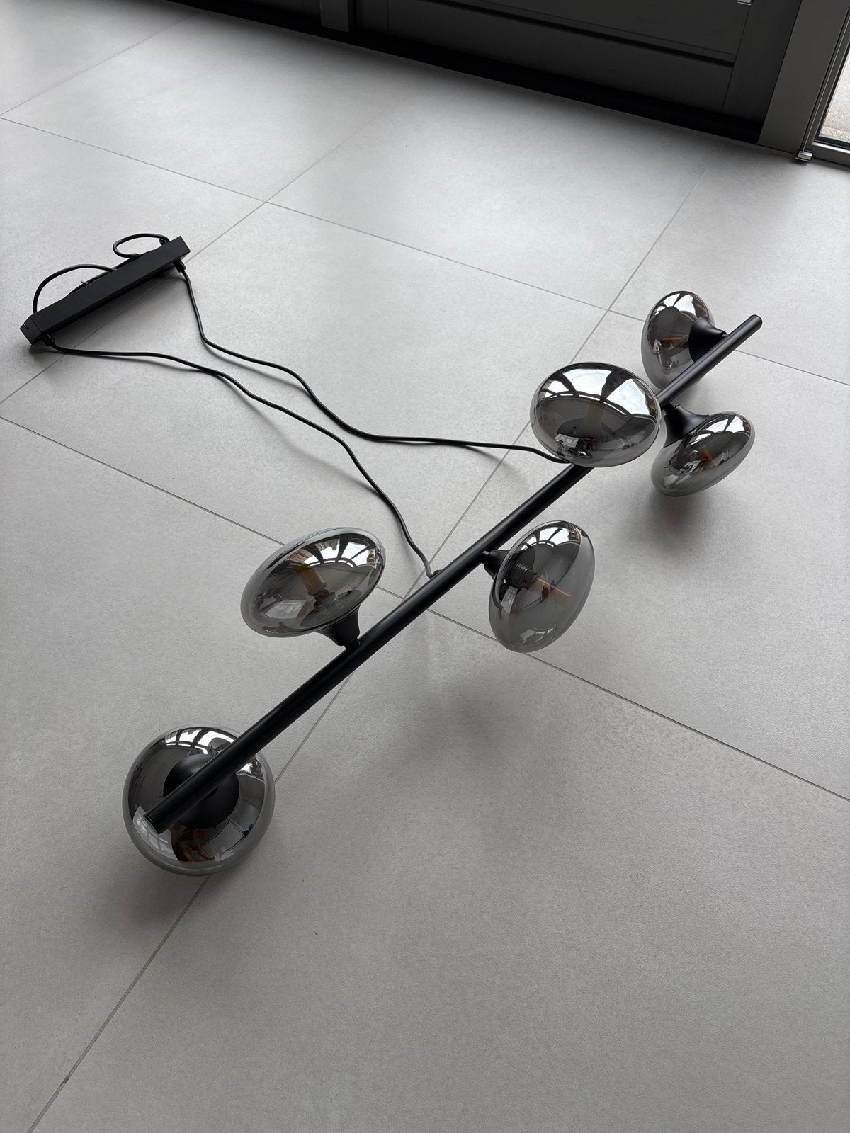 Moderne plafondlamp met 5 rookglazen bollen, 100 tot 150 cm, Ophalen of Verzenden, Minder dan 25 cm, Minder dan 100 cm