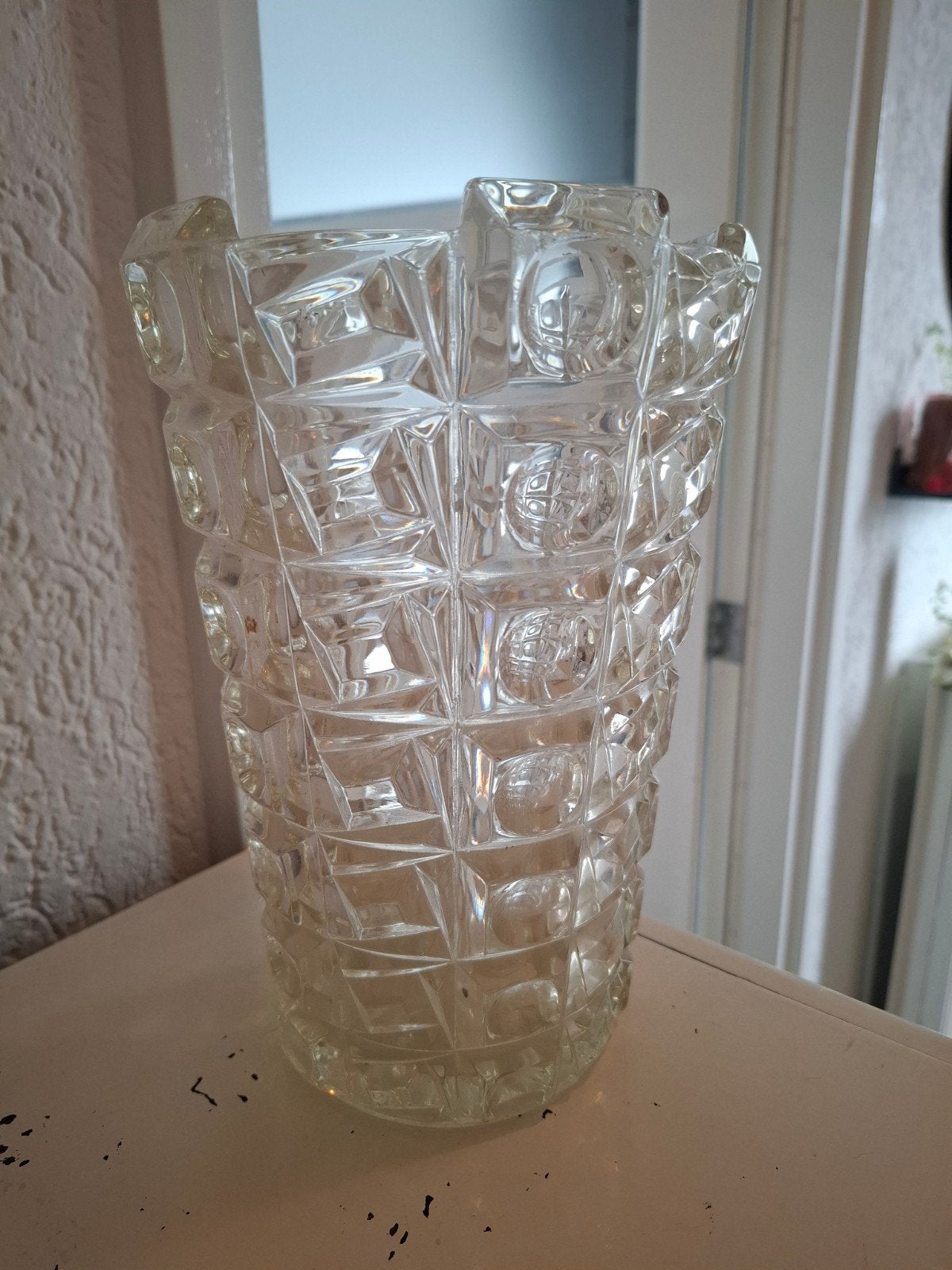 Vintage vaas geperst glas geometrisch patroon, Ophalen of Verzenden, Huis en Inrichting