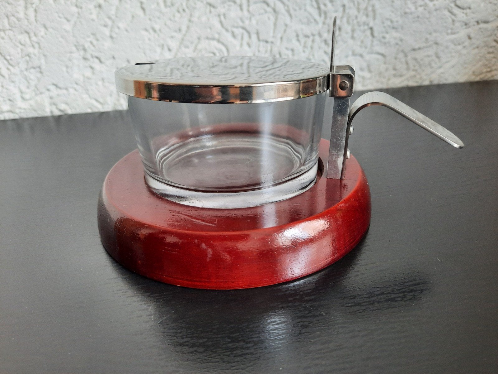 Vintage Glazen Potje met Houten Voet en Metalen Deksel, Ophalen of Verzenden
