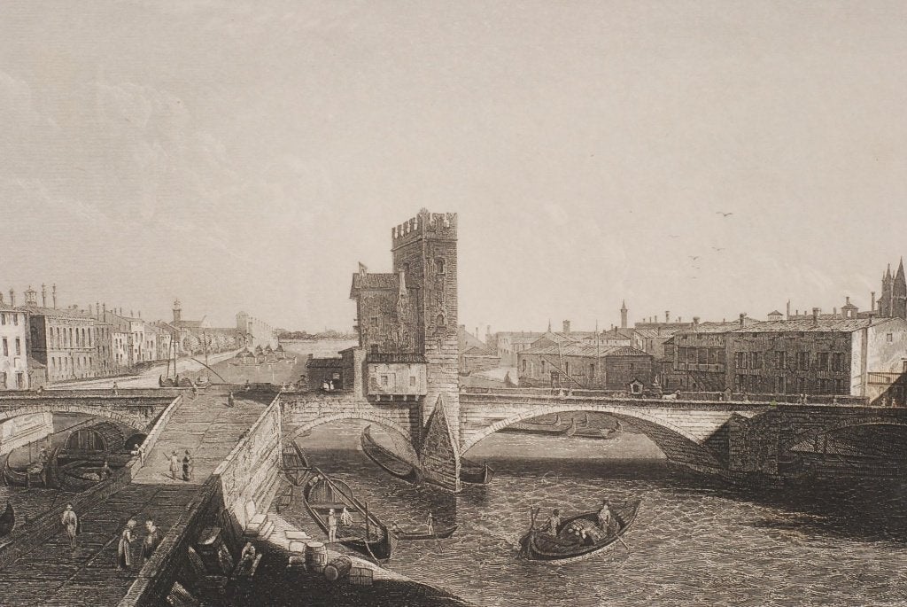 Gezicht op Verona - Originele illustratie uit 1840, Verzamelen, Foto's en Prenten, Verzenden, Voor 1940, Gebruikt