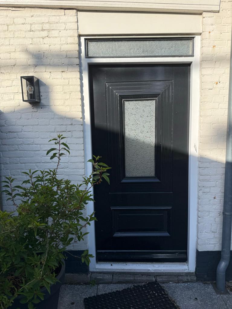 Zwarte deur boerderij met glas en bovenlicht, Gebruikt, 80 tot 100 cm, 215 cm of meer, Ophalen of Verzenden