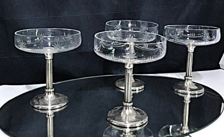 Champagne glazen Geslepen Kristal verzilverde voet Antiek✨🥂, Antiek en Kunst, Antiek | Glas en Kristal, Ophalen of Verzenden