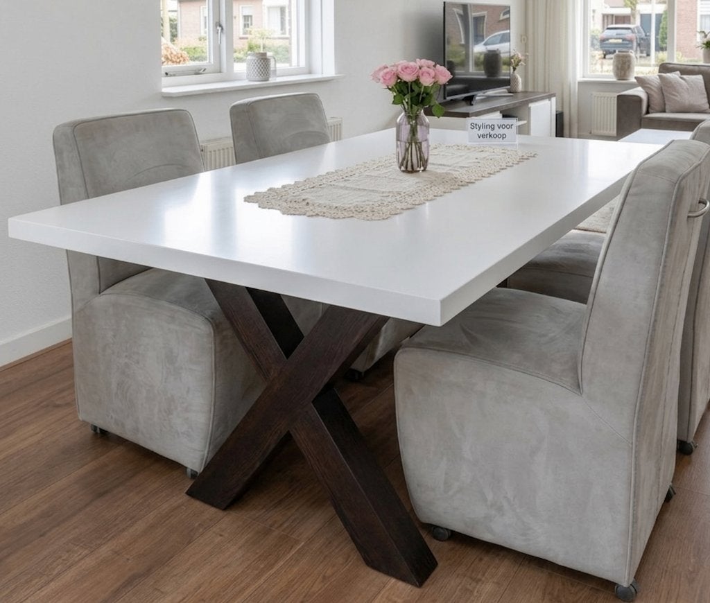Pronto Wonen Eettafel 220x100 – Wit blad met houten X-poot, Huis en Inrichting, Tafels | Eettafels, Ophalen, 200 cm of meer, 50 tot 100 cm