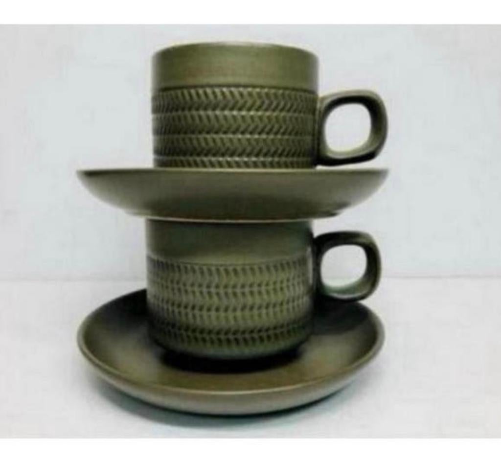 Vintage Denby Camelot Chevron 1961 2x kop en schotel servies, Ophalen of Verzenden