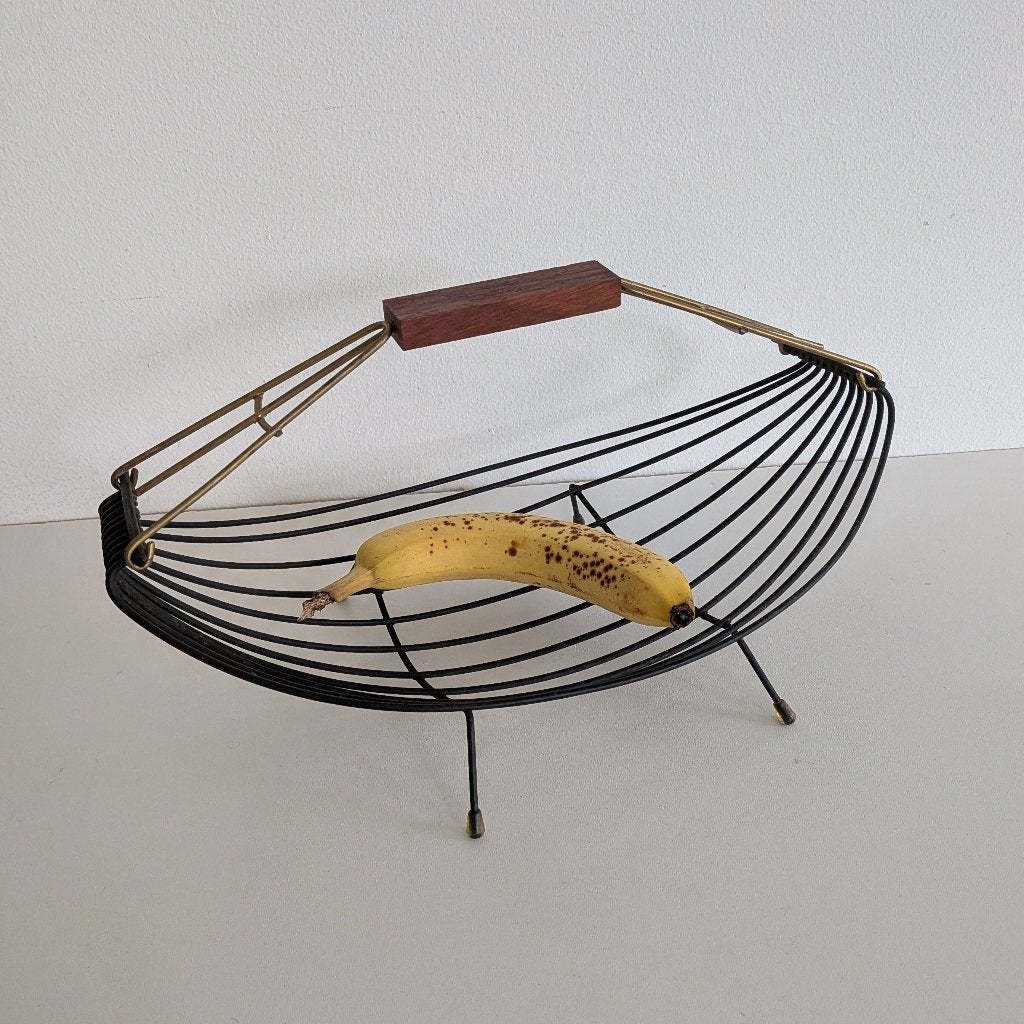 Vintage fruitmand mand Draadmand Handvat teak hout, Huis en Inrichting, Overige materialen, Schaal, Ophalen of Verzenden, Zo goed als nieuw