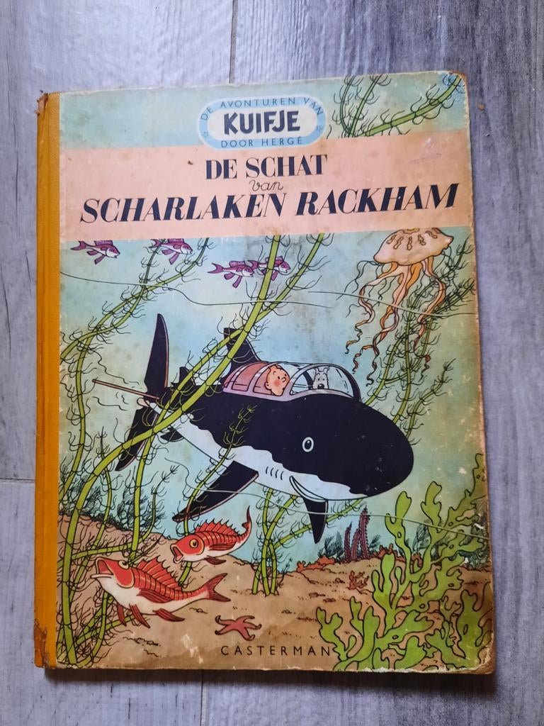 Kuifje De schat van scharlaken rackham hc 1952 met vignet, Gelezen, Eén stripboek, Ophalen of Verzenden, Hergé