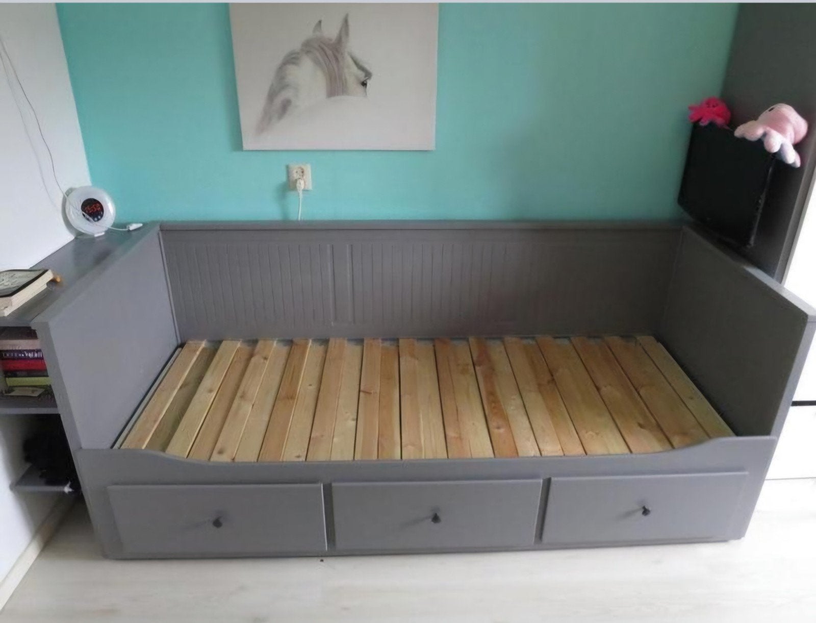 Ikea hemnes bedbank met uitschuifbed grijs, Ophalen, Gebruikt, Eenpersoons, 80 cm