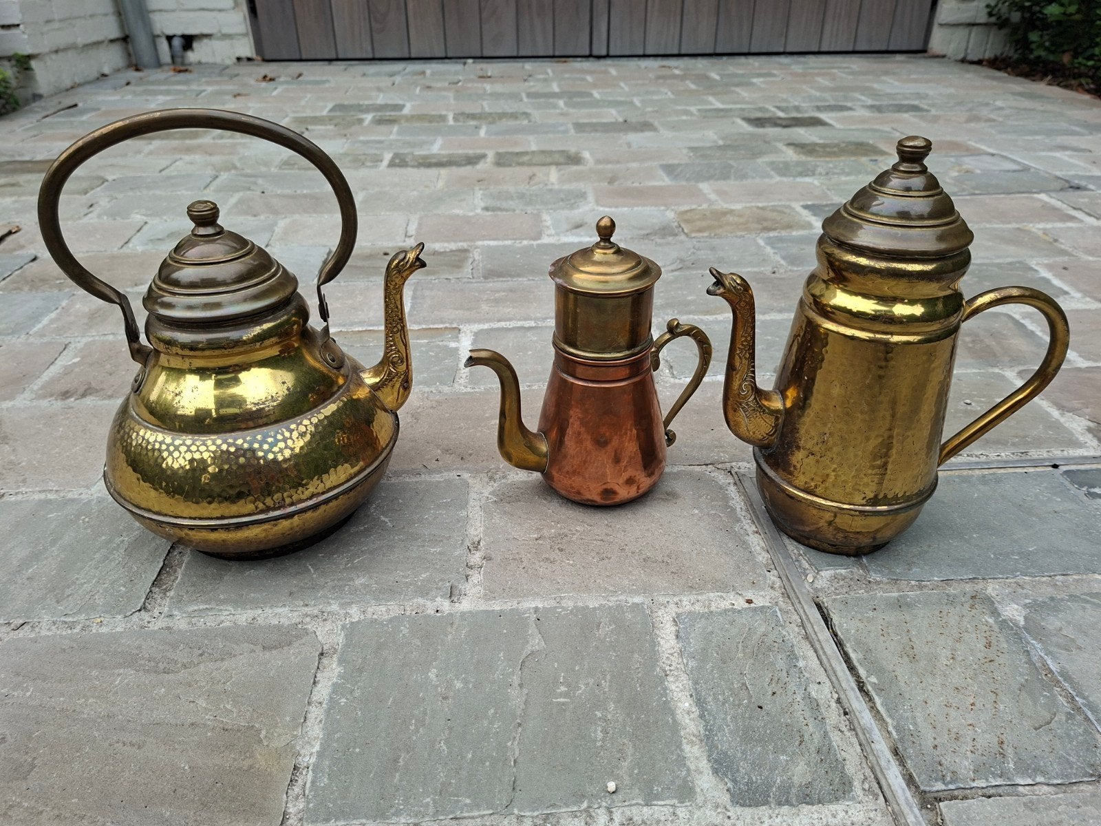 Set van 3 koperen en messing kannen/ketels, Ophalen of Verzenden, Koper