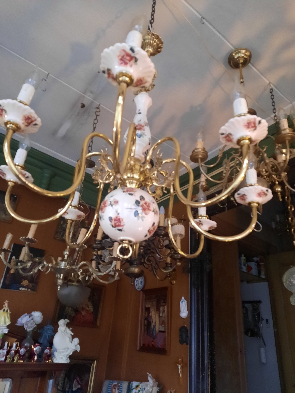 Messing Kroonluchter met 8 Lichtpunten en Porseleinen Schal, Ophalen