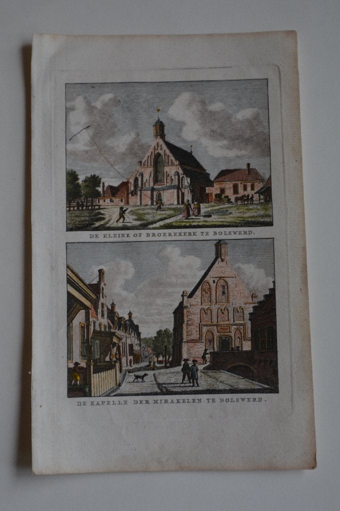 BOLSWARD 2X Mooie Gravures BROEREKERK + MIRAKELEN KAPEL GR7, Antiek en Kunst, Verzenden, Stadsgezicht, Met tekst, 10 cm