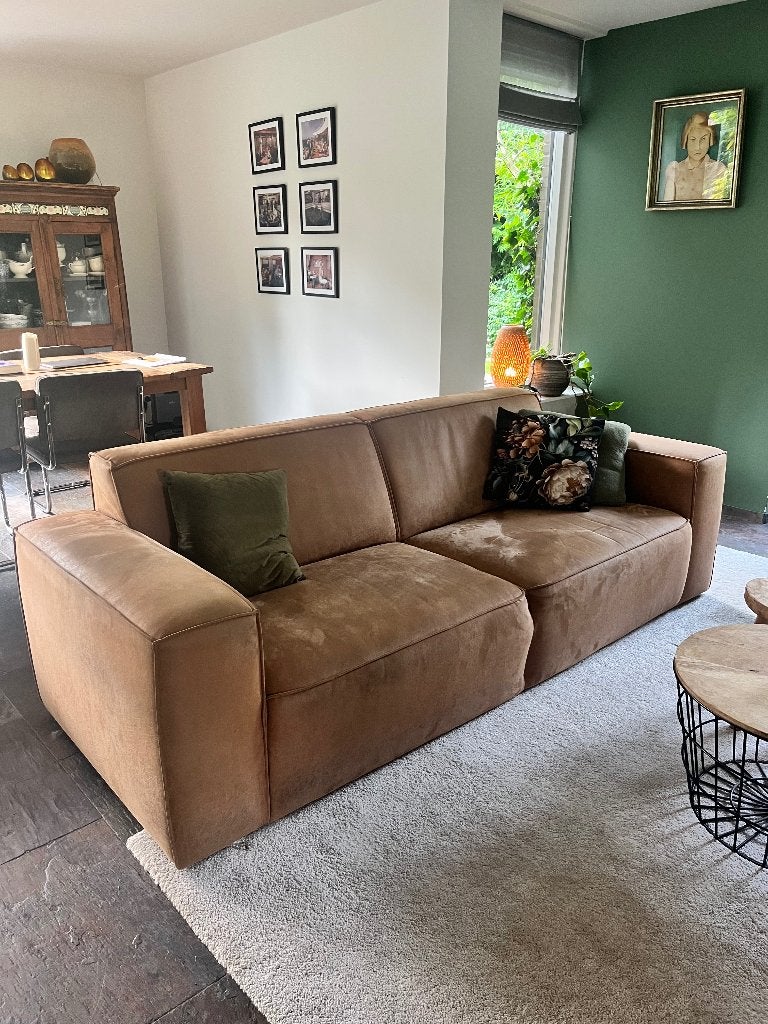2 bankdelen cognac bruin - imitatie suede, Ophalen, Gebruikt, Driepersoons, 75 tot 100 cm
