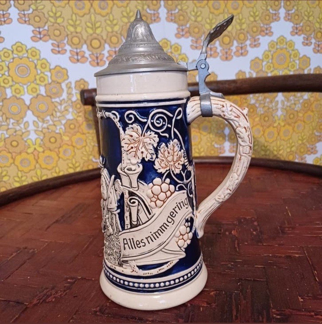 Vintage Duitse Bierpul met Tinnen Deksel - "Trink und Sing", Ophalen of Verzenden
