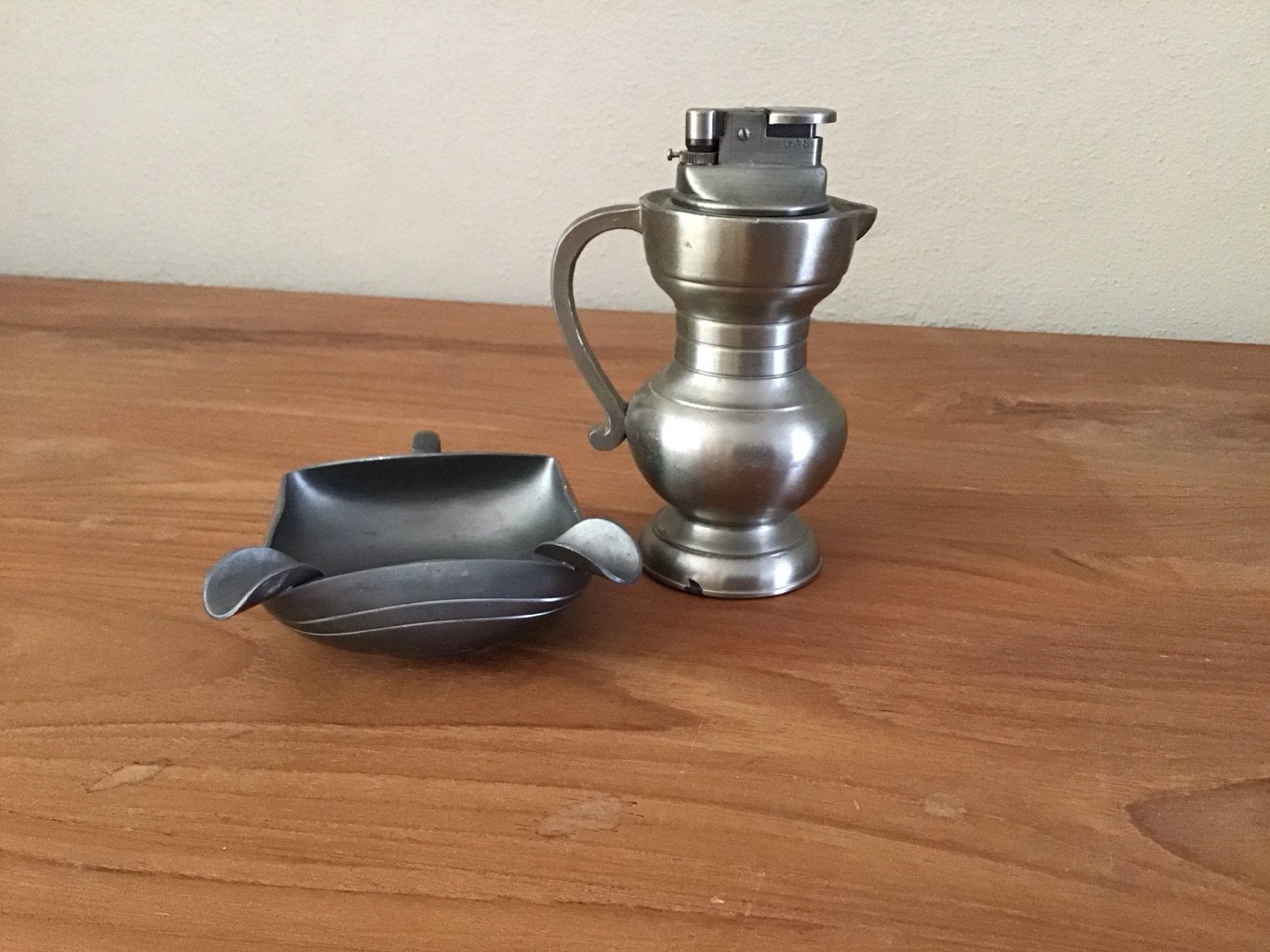 Vintage tinnen asbak en aansteker set, Antiek en Kunst, Ophalen of Verzenden