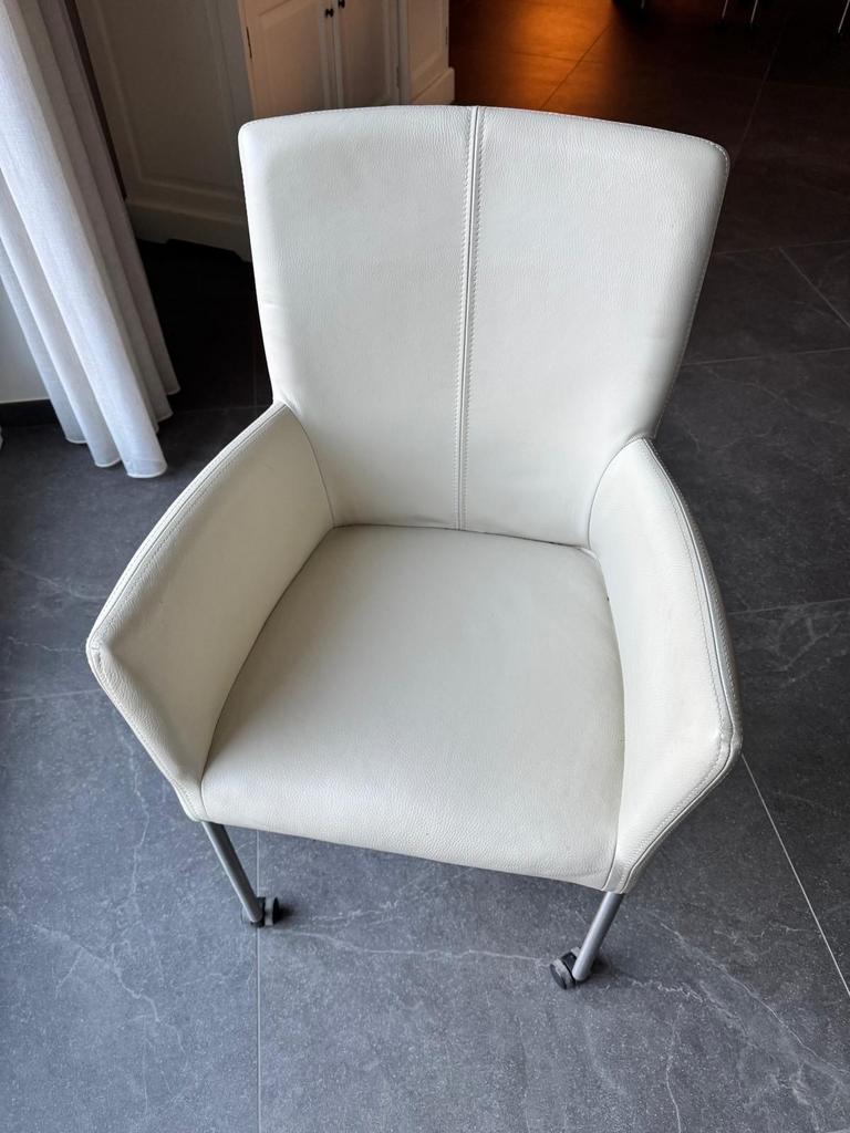 4 Crèmekleurige Leren Eetkamerstoelen met Wieltjes, Huis en Inrichting, Stoelen, Ophalen, Gebruikt, Overige kleuren, Leer