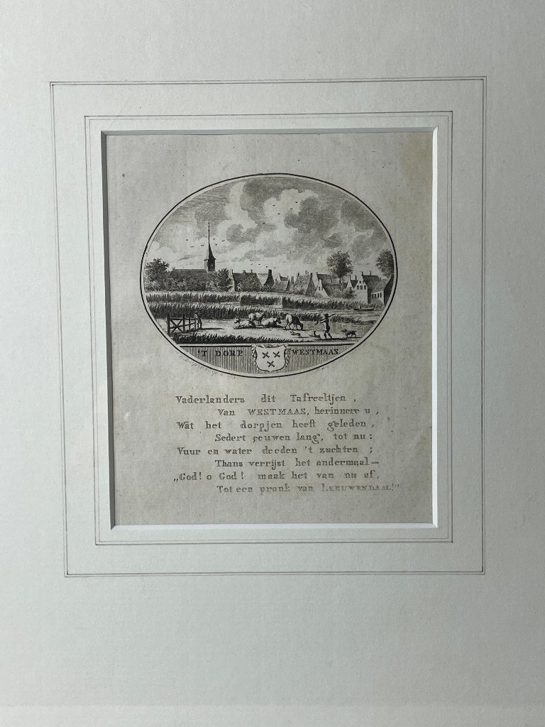Westmaas - oude gravure van 't dorp - nieuwe lijst, Antiek en Kunst, Ingelijst, 1950 - 1999, Stadsgezicht, Ophalen of Verzenden