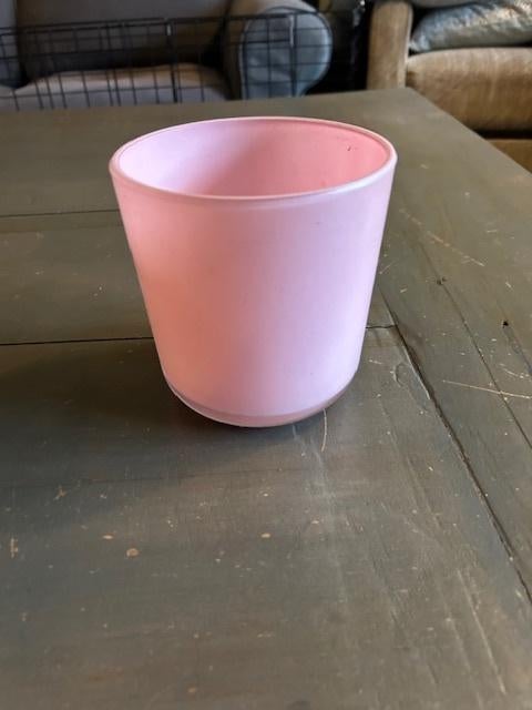 o50 – roze glazen bloempot, doorsnede 13 cm, hoogte 13 cm, Tuin en Terras, Bloempotten, Gebruikt, Rond, Ophalen of Verzenden, Aardewerk
