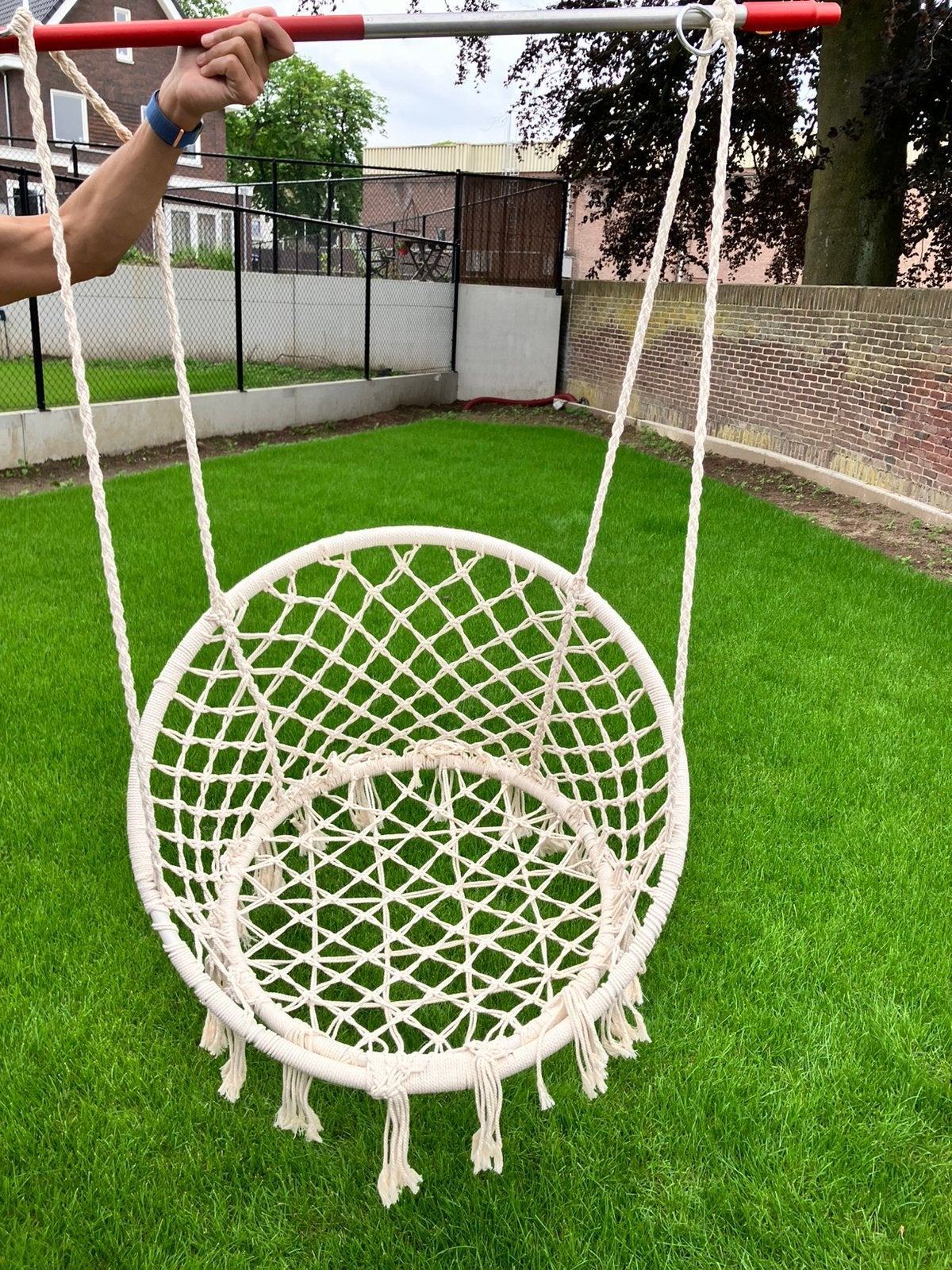 Hangstoel Macramé Wit - Comfortabele Tuinstoel, Ophalen, Zo goed als nieuw