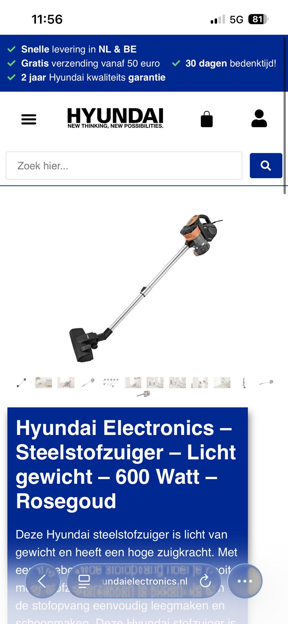 Hyundai Steelstofzuiger - Lichtgewicht - 600W - Rosegoud, Overige merken, Nieuw, Ophalen of Verzenden, Minder dan 1200 watt