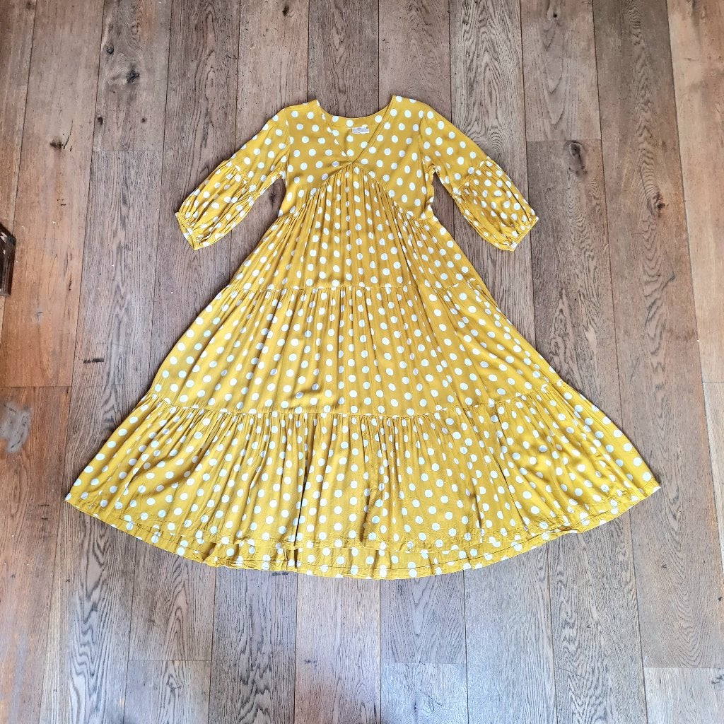 Gele en witte maxi-jurk met stippen, Geel, Ophalen of Verzenden, Maat 36 (S), Gedragen