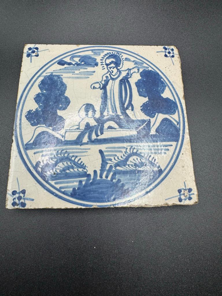 Antieke Bijbelse Tegel - Blauw-wit Delfts Aardewerk, Ophalen of Verzenden