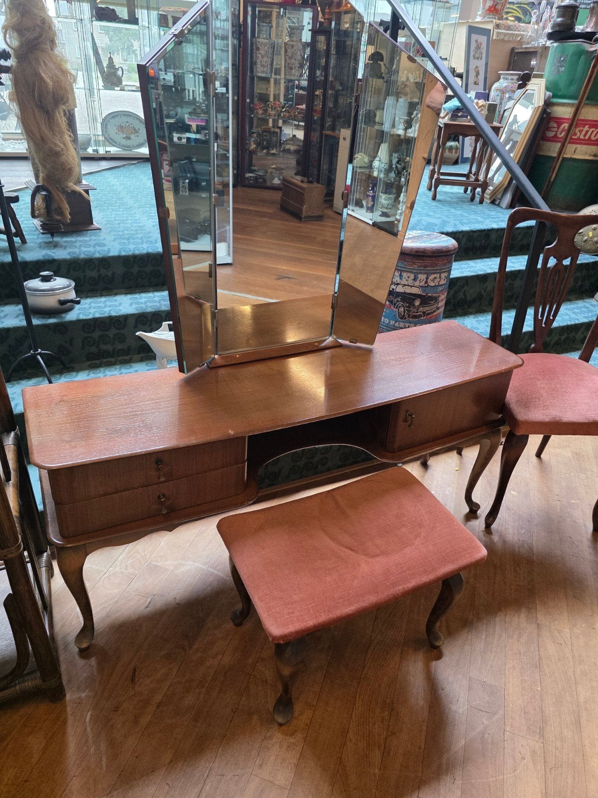 Vintage kaptafel met drieluik spiegel en krukje, Antiek en Kunst, Ophalen of Verzenden