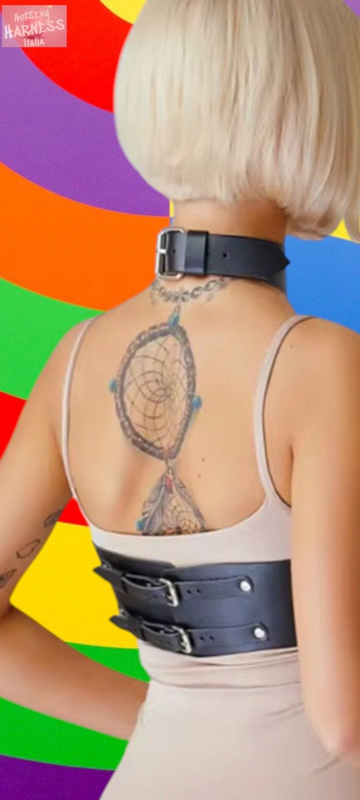 Zwart leren harnas met gespen en choker bdsm bondage sexy, Onbekend, Ophalen of Verzenden, Zwart, Overige typen