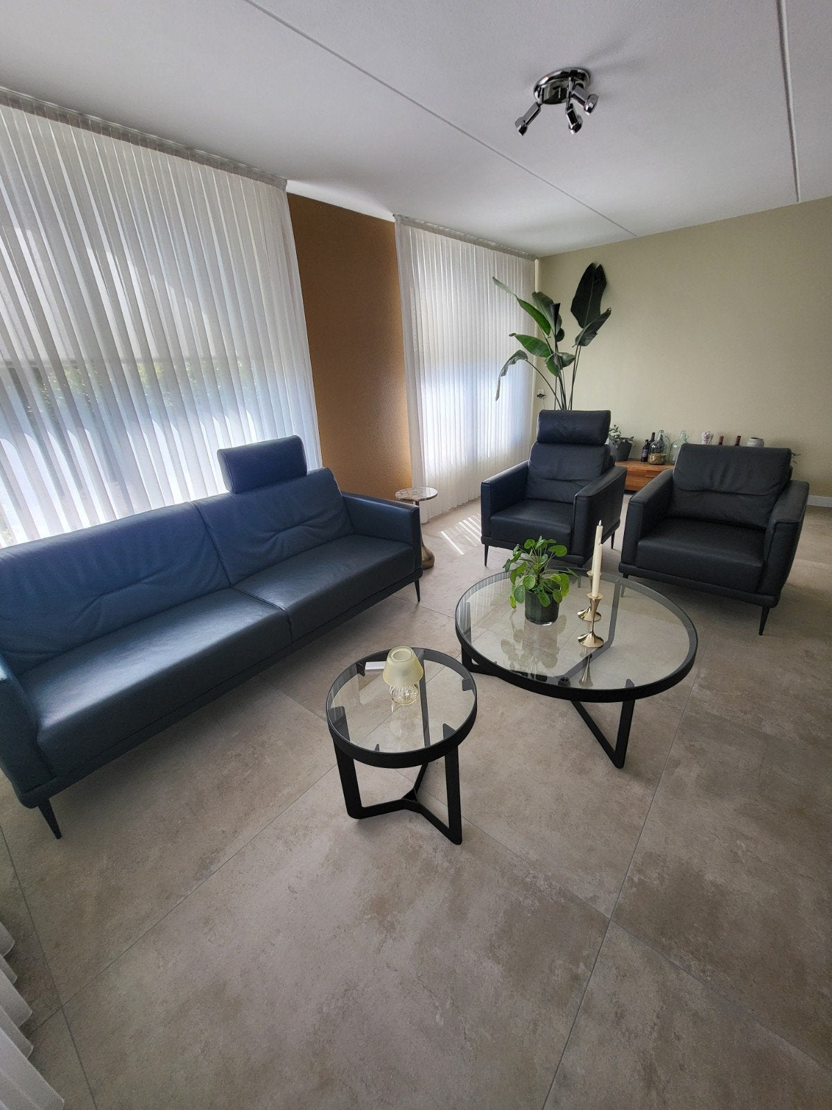 Donkerblauw leren bankstel, Huis en Inrichting, Banken | Bankstellen, Ophalen, Gebruikt