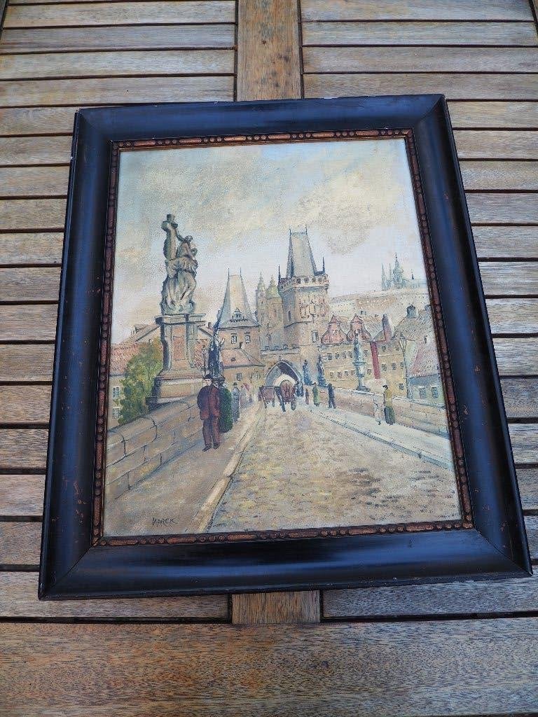 Olieverfscilderij Karelsbrug Praag van Marek, Ophalen of Verzenden