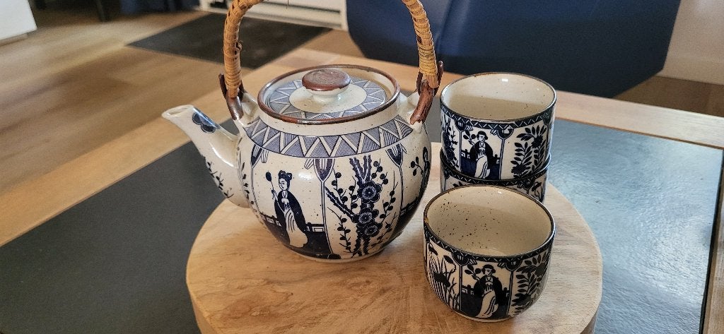 Vintage theepot Lange Lijs met 3 kopjes - Blauw/Wit, Ophalen of Verzenden