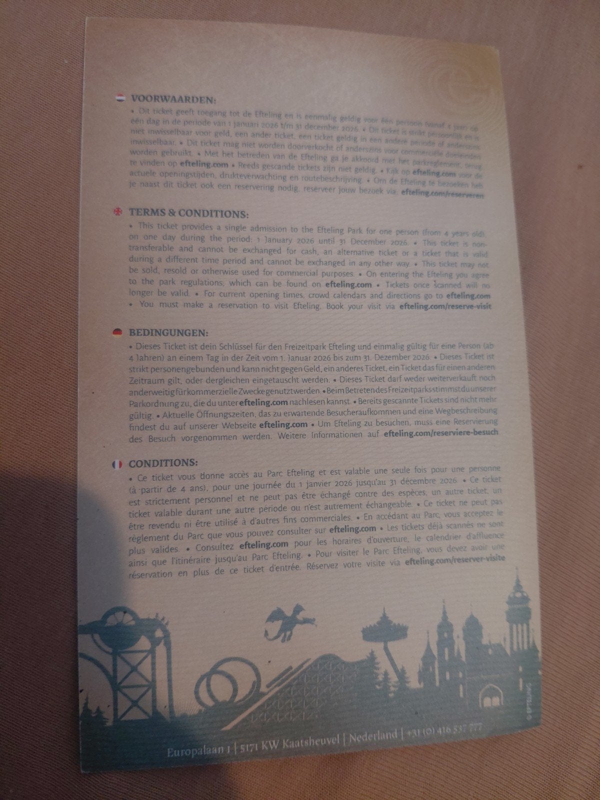 5 Efteling kaartje, Eén persoon, Ticket of Toegangskaart