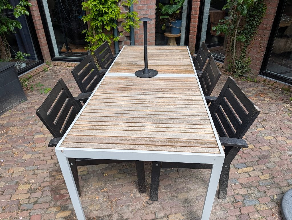 Te koop: Tuinset IKEA SJÄLLAND tafel + 8 IKEA Klöven stoelen, Tuin en Terras, Ophalen, Gebruikt, Eettafel, 8 zitplaatsen