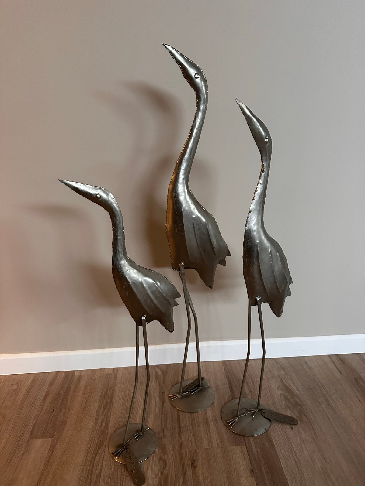 Set van 3 metalen reiger beelden - Tuindecoratie, Gebruikt, Ophalen of Verzenden, Zilver, Metaal