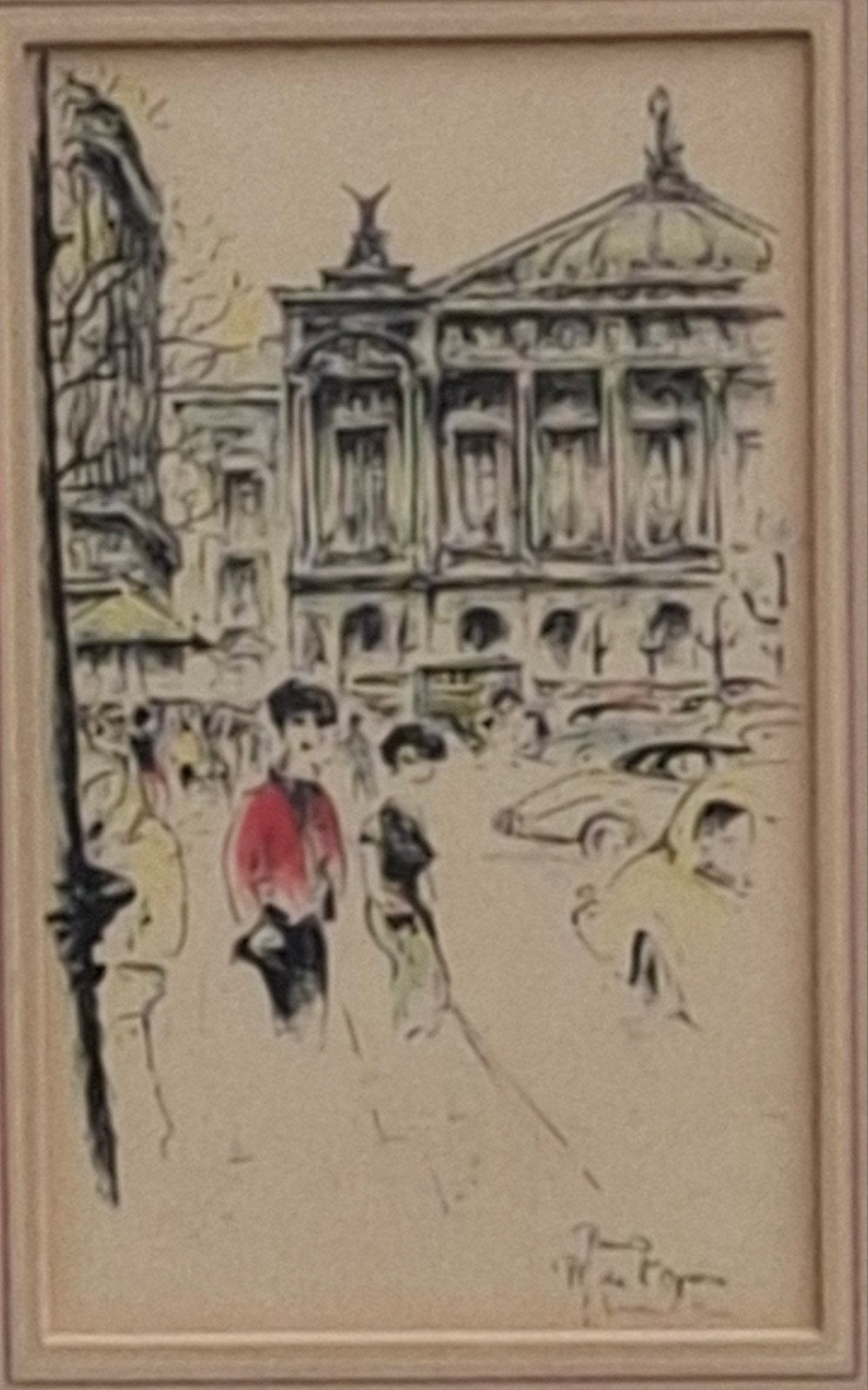 Place de L' Opera. Ets. Sign. Ca '20/'40. 25/34 cm., Antiek en Kunst, Ophalen, Ets, Architectuur, Met tekst