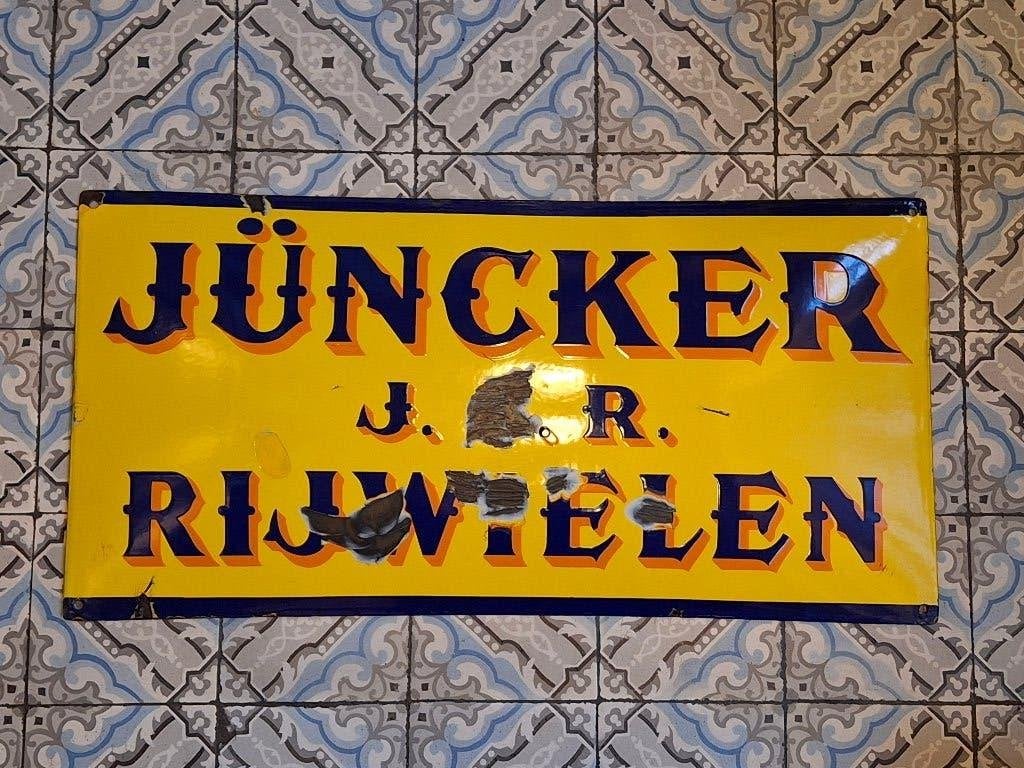 Vintage Jüncker J.C.R. Rijwielen Emaille Reclamebord, Ophalen of Verzenden, Gebruikt, Reclamebord