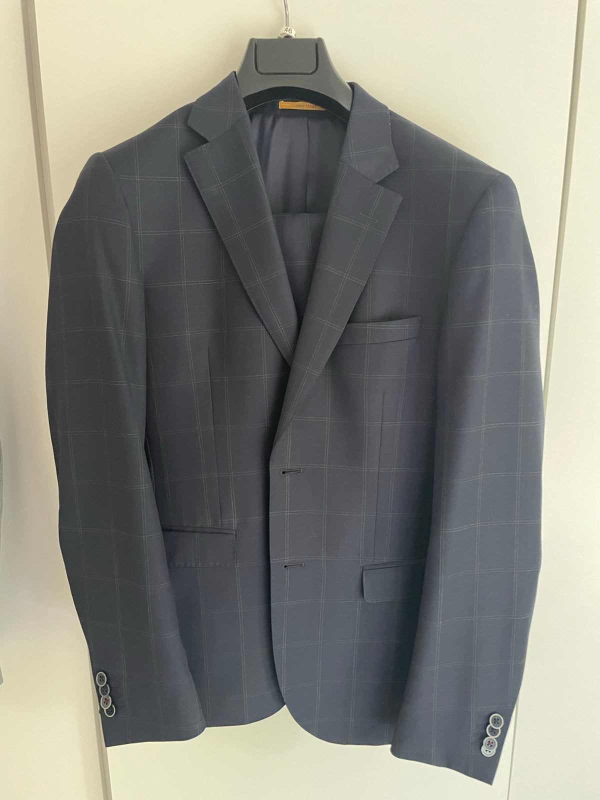 Heren pak maat 46 – Wol – Donkerblauw ruit, Ophalen of Verzenden, Zo goed als nieuw, Maat 46 (S) of kleiner, Blauw