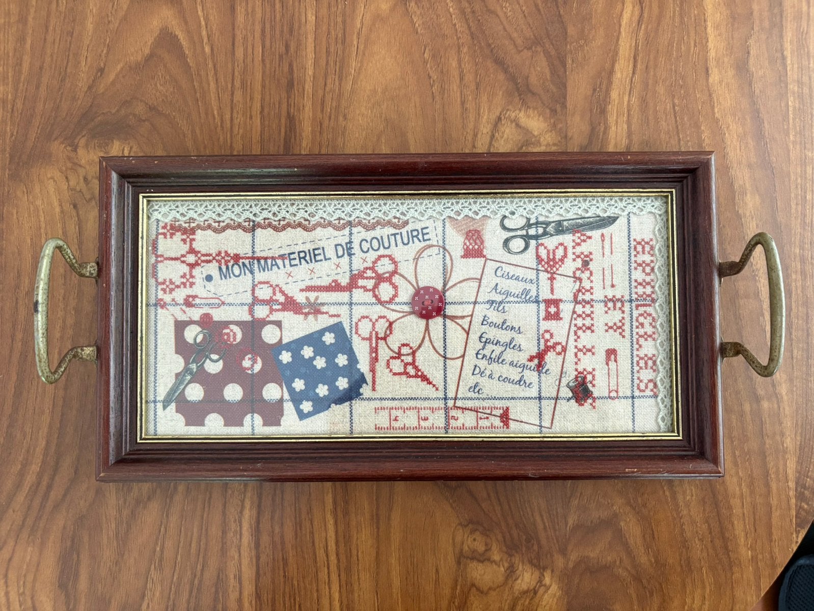 Brocante Frans dienblad glas, naaigerei decoratie, Antiek en Kunst, Ophalen of Verzenden