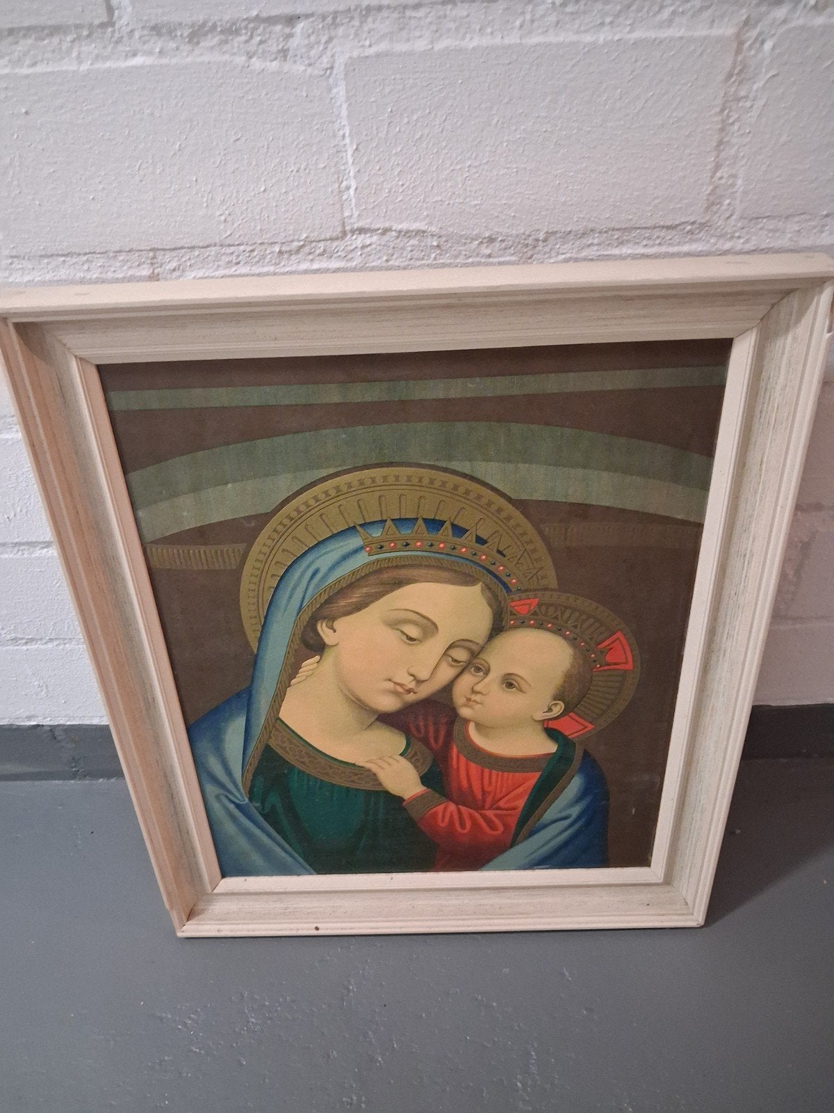 Vintage Maria met Kind Jezus schilderij in lijst, Ophalen