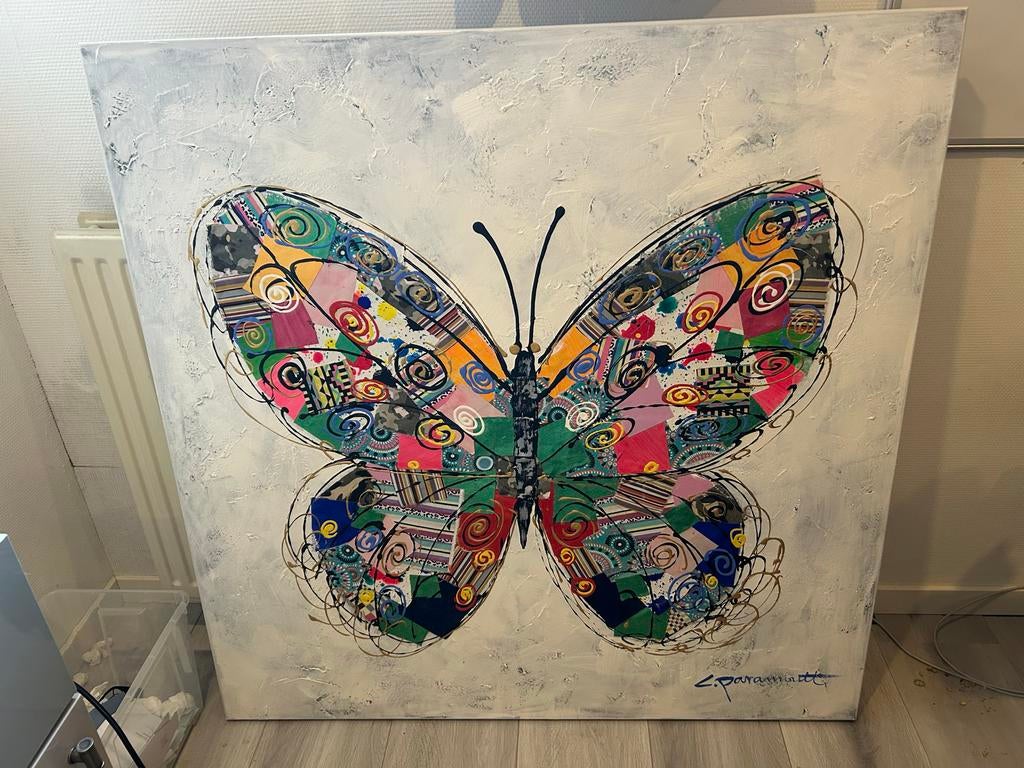Prachtig vlinder schilderij (120x120)- L. Paramount, Antiek en Kunst, Ophalen