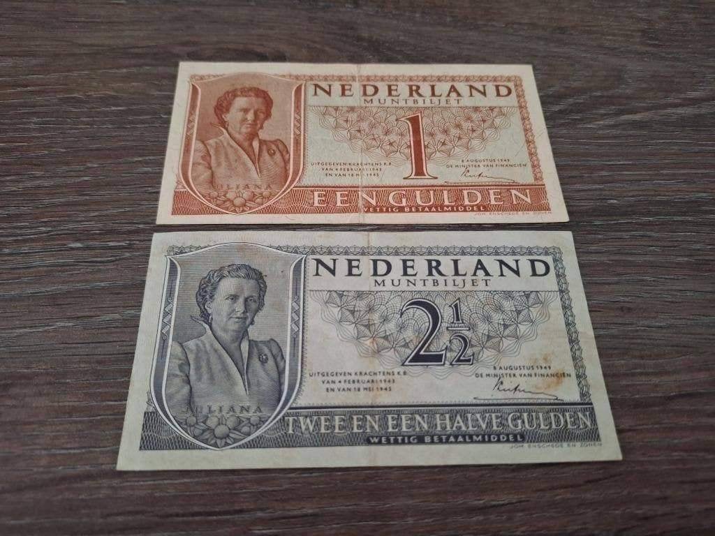 Setje muntbiljetten 1 en 2,5 gulden Juliana, 1949, Postzegels en Munten, Bankbiljetten | Nederland, Ophalen of Verzenden