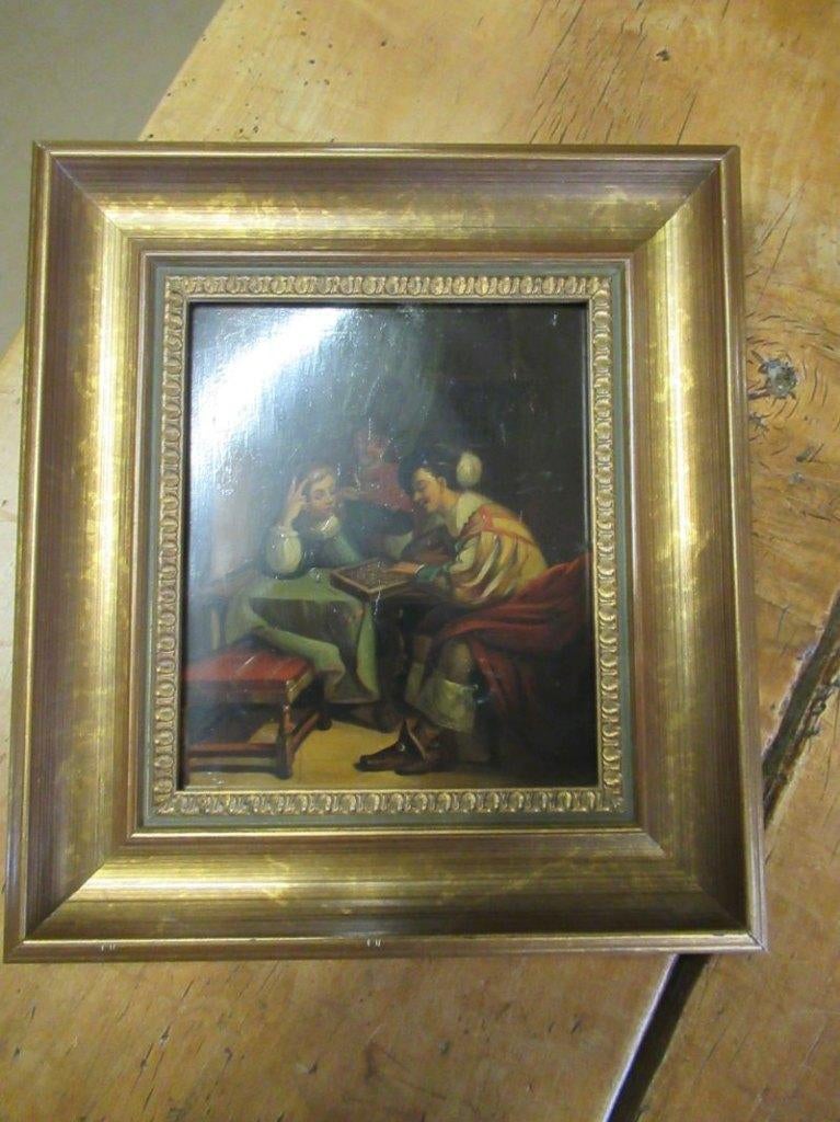 Oer 11338 antiek 19e eeuws klein schilderijtje "Schaakspel", Ophalen