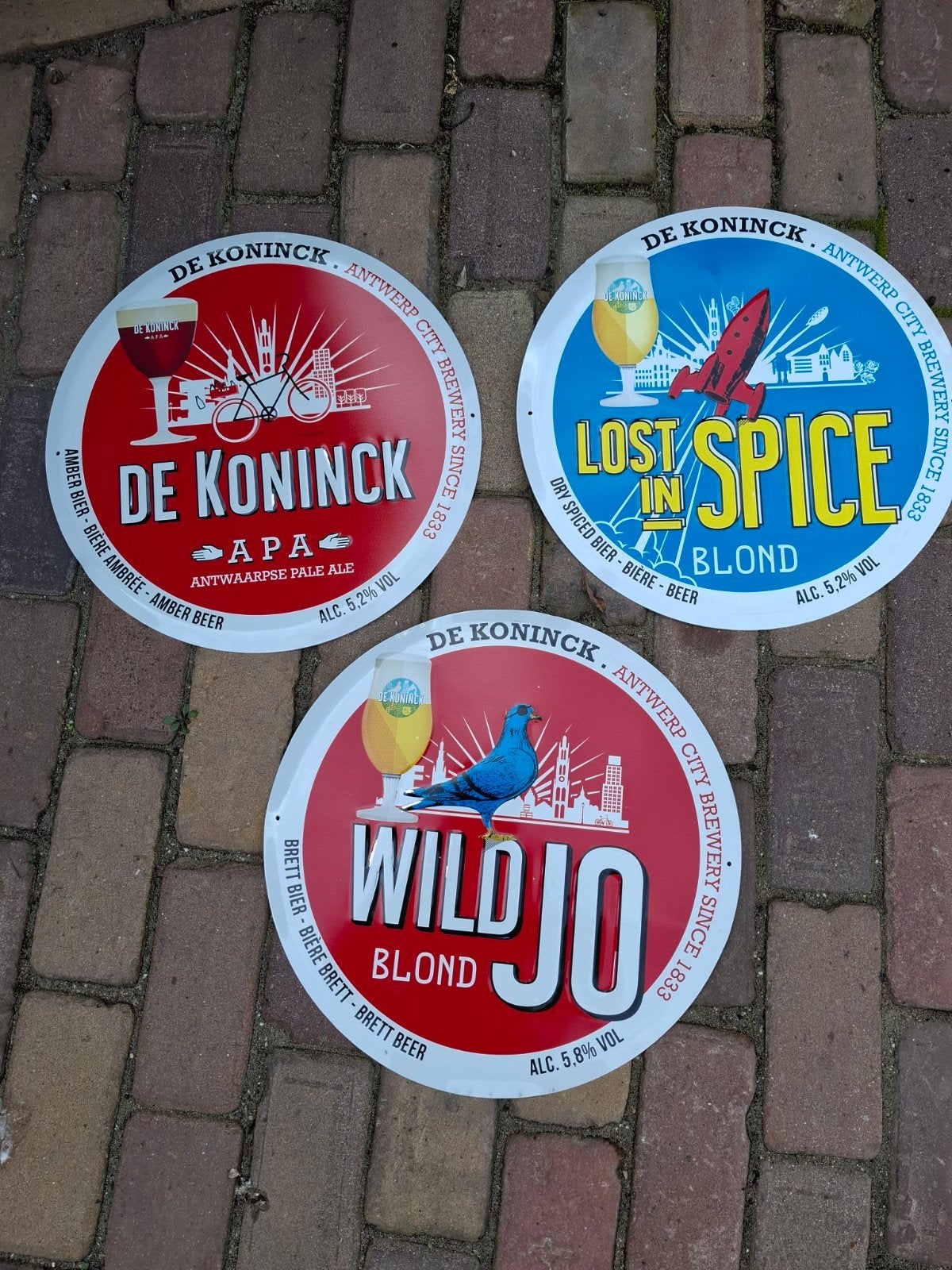 3 x blikken bordje De Koninck  40 cm in doorsnee, Ophalen of Verzenden, Gebruikt, Reclamebord, Plaat of Schild, De Koninck