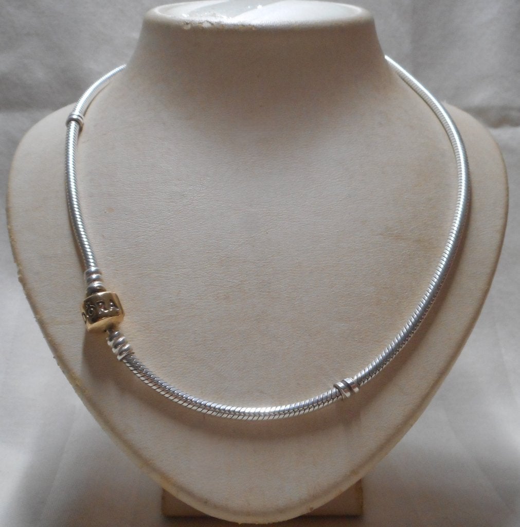 Pandora zilveren ketting met 14 karaat gouden slot nr.381, Verzenden, Zo goed als nieuw, Zilver, Zilver