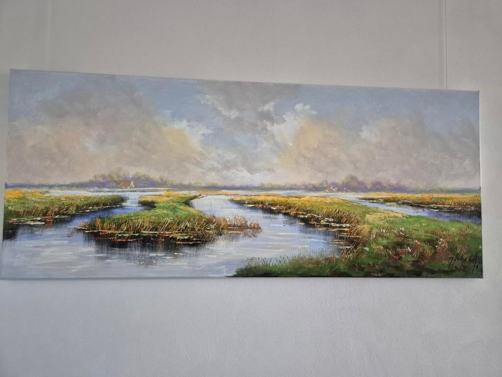 Schilderij Jochem de Graaf - Hollands Landschap 120x50 cm, Antiek en Kunst, Kunst | Schilderijen | Klassiek, Ophalen